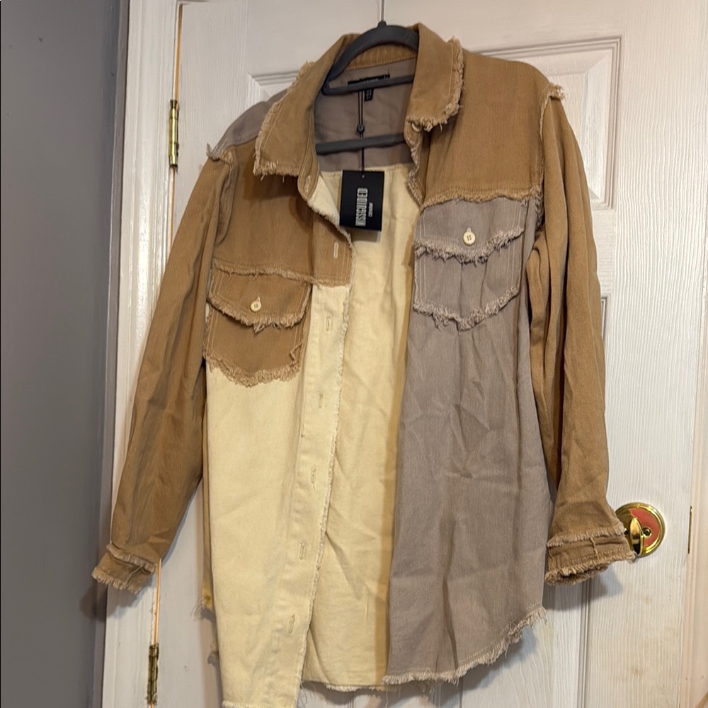Colorblock Frayed Button-Up Shirt